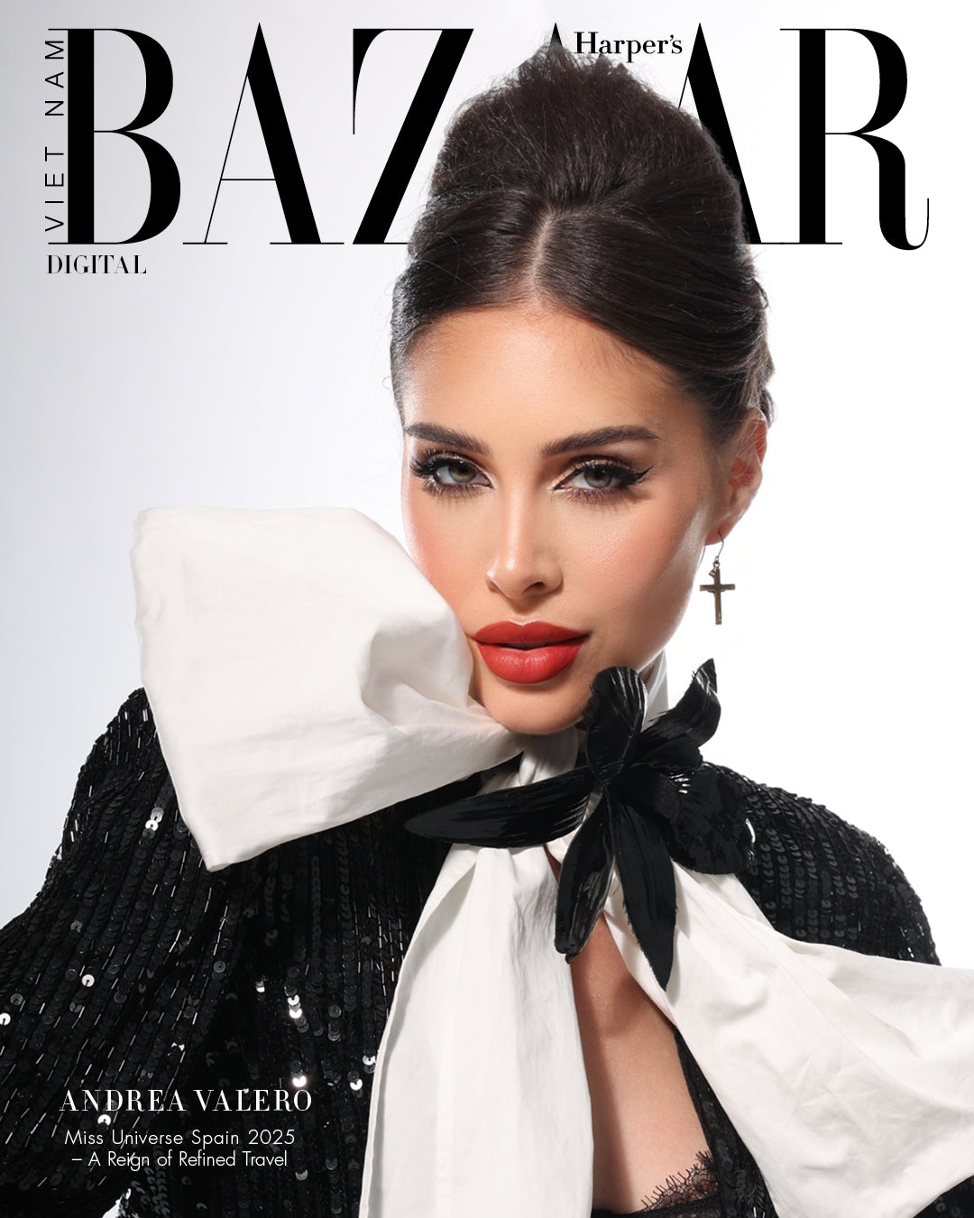 Leather Flower Brooch worn by Andrea Vallero Miss Universe Spain on Harper's Bazaar cover Vese